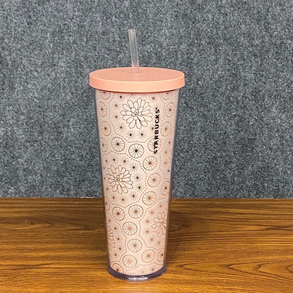 Starbucks Tumbler Cold Cup‎ Peach Floral Design 24oz Reusable with Straw